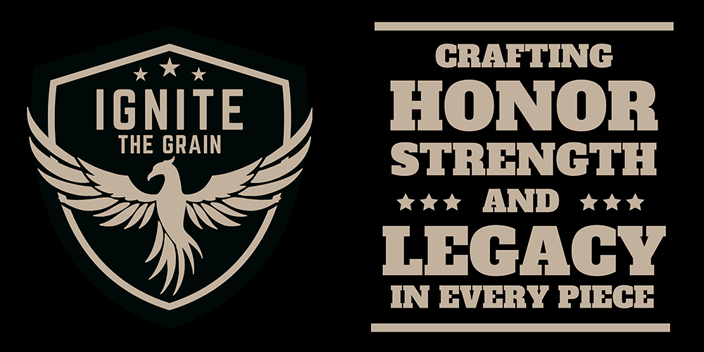 Logo with a phoenix and text 'Ignite the Grain' on a black background, with motivational quote about honor, strength, and legacy.