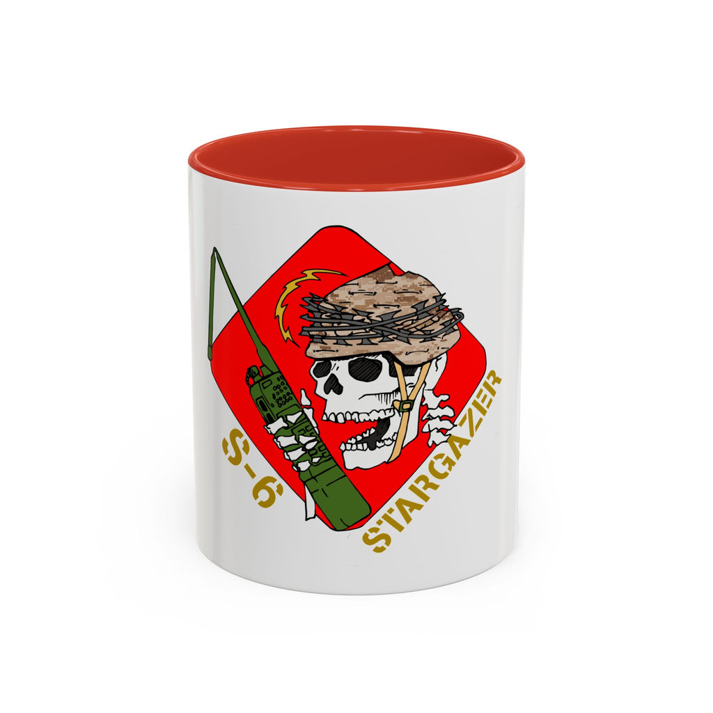 The Printify Accent Coffee Mug, available in 11oz or 15oz, features a cartoon skull with a green radio and camo helmet. S-6 and STARGAZER appear in yellow. This customizable ceramic mug is microwave and dishwasher safe.