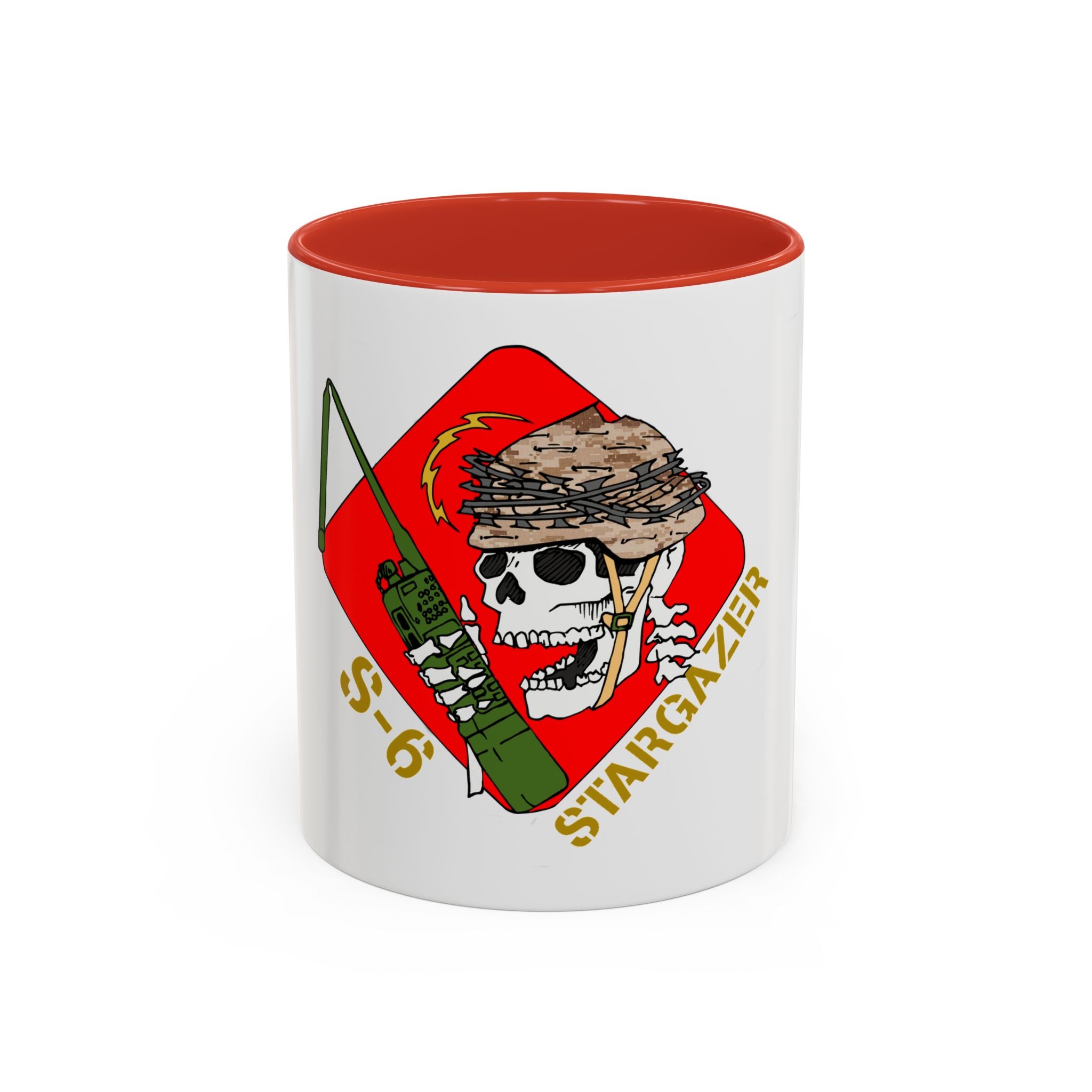 The Printify Accent Coffee Mug, available in 11oz or 15oz, features a cartoon skull with a green radio and camo helmet. S-6 and STARGAZER appear in yellow. This customizable ceramic mug is microwave and dishwasher safe.