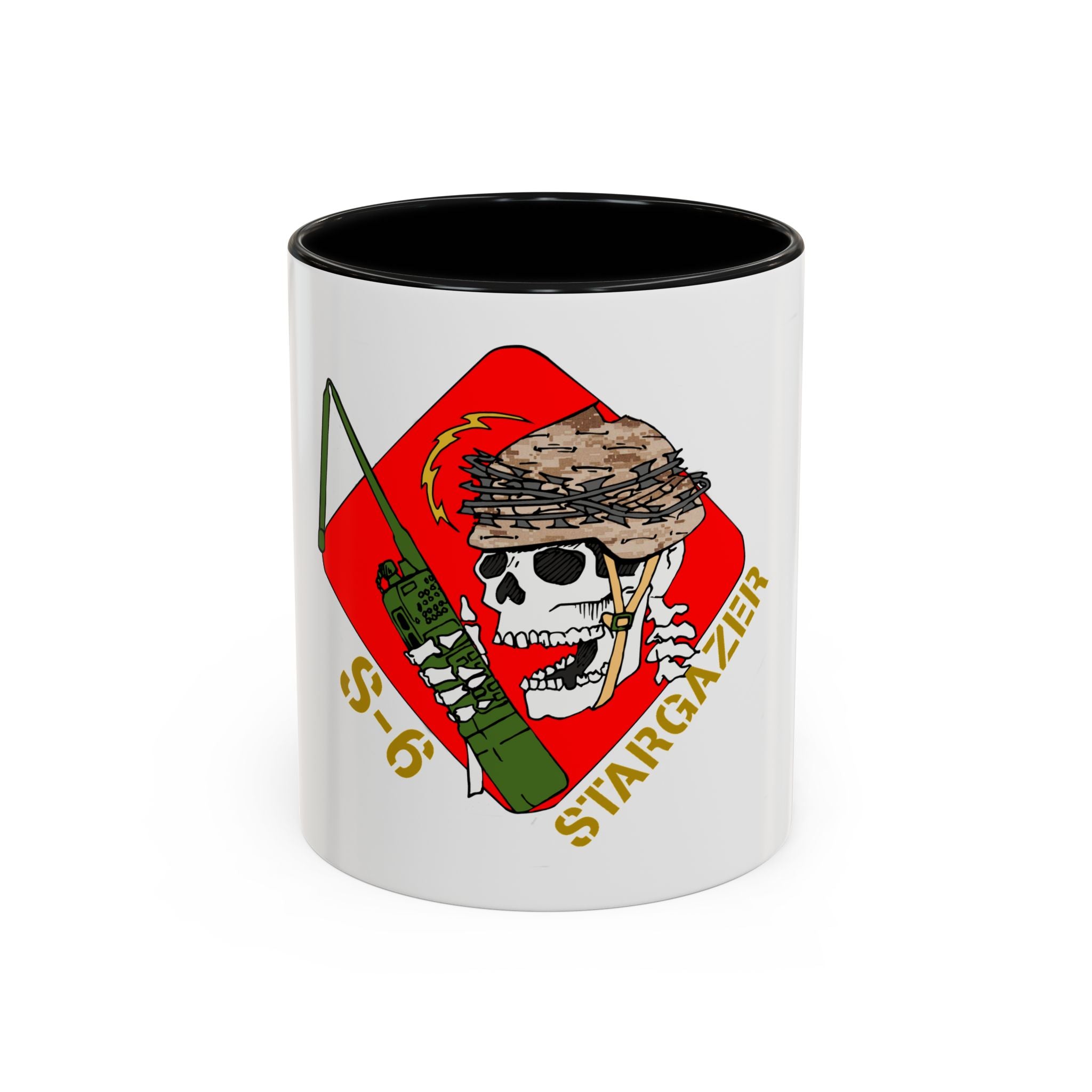 The Printify Accent Coffee Mug, available in 11oz & 15oz with colorful interior and handle, features a grinning skull in a camo helmet with radio and S-6 STARGAZER on red. Stylish, customizable ceramic mug; microwave & dishwasher safe.