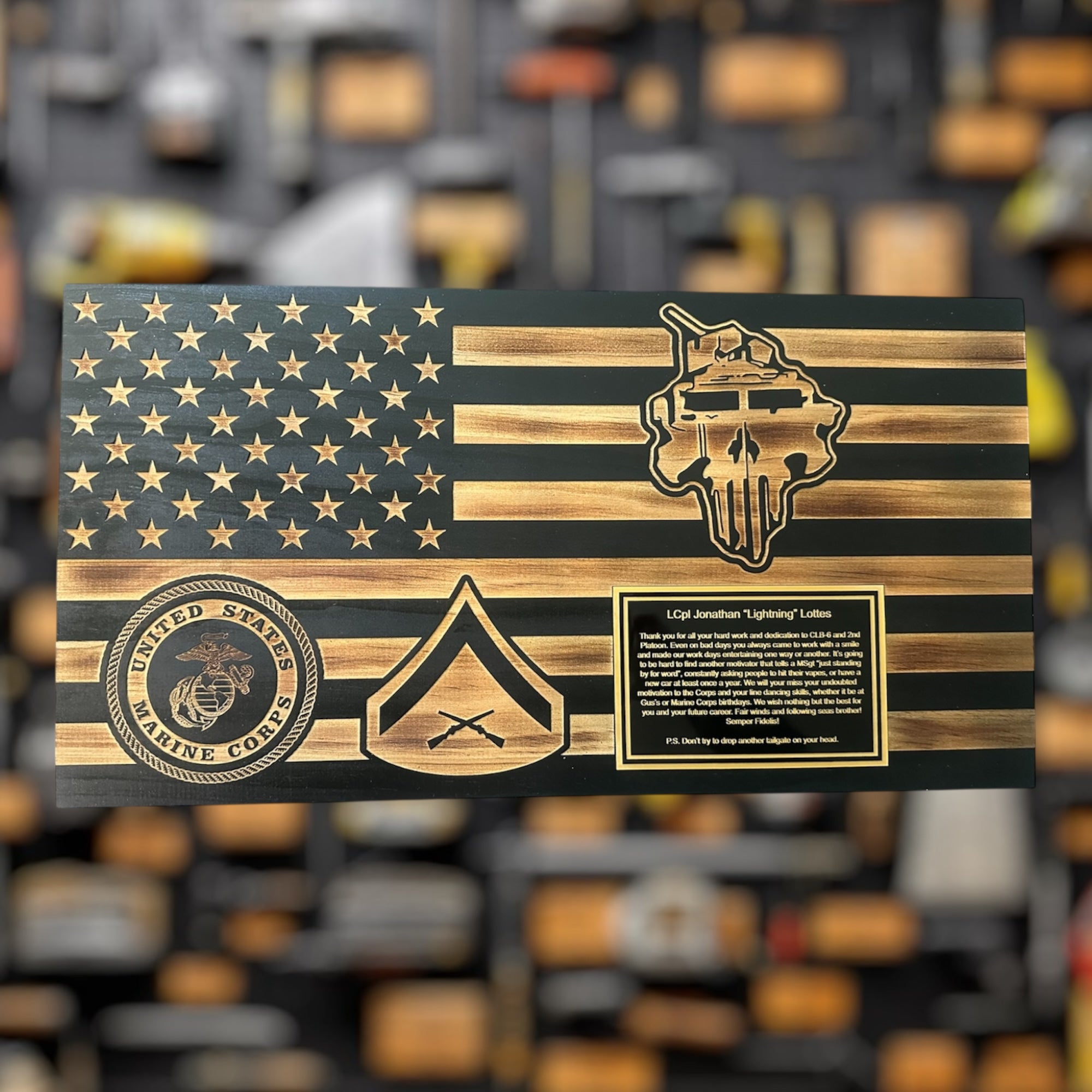 Large Wooden American Flag Plaque for Custom Military Awards and Retirement Gifts