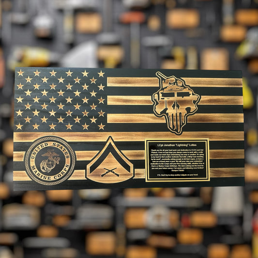 Large Wooden American Flag Plaque for Custom Military Awards and Retirement Gifts