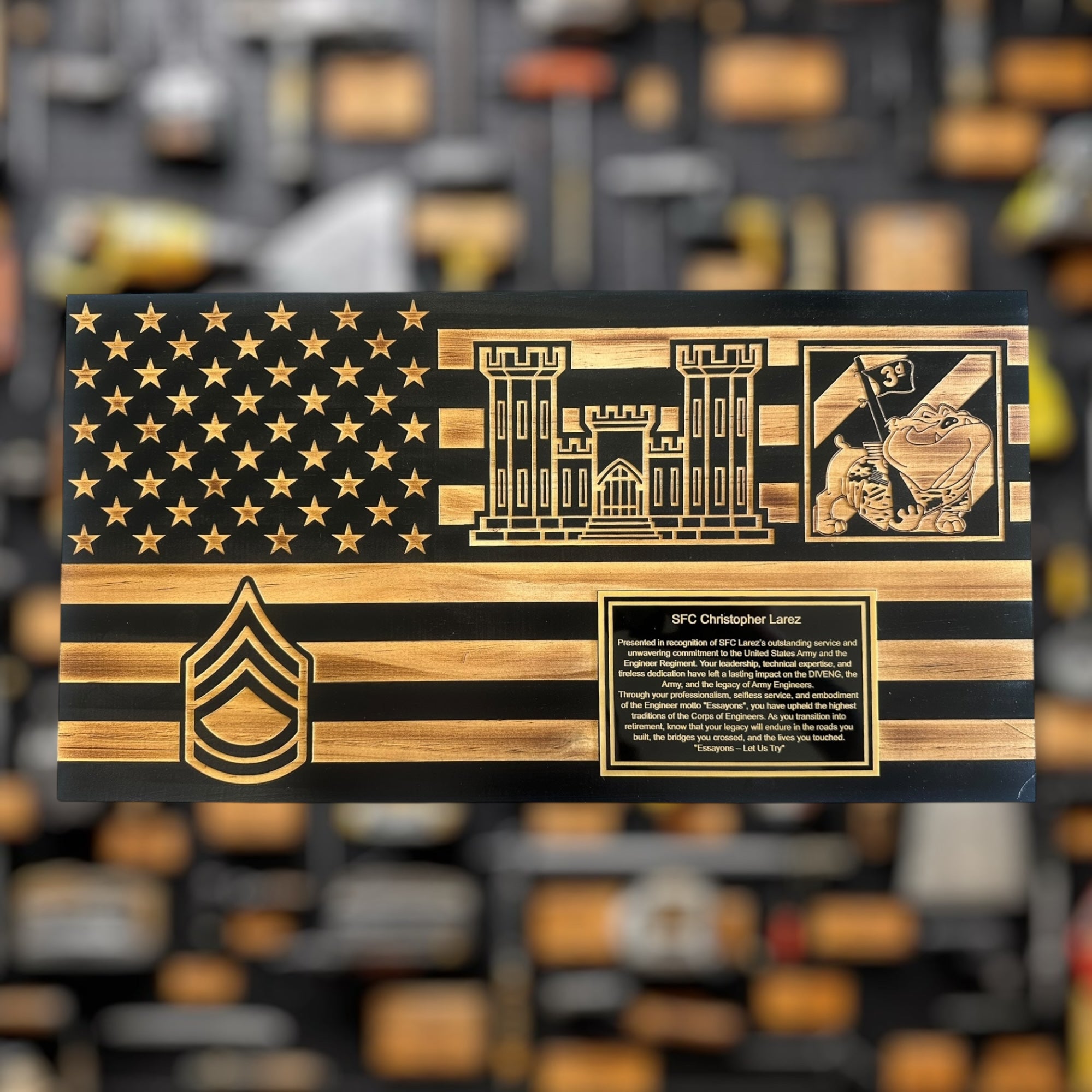 Large Wooden American Flag Plaque for Custom Military Awards and Retirement Gifts