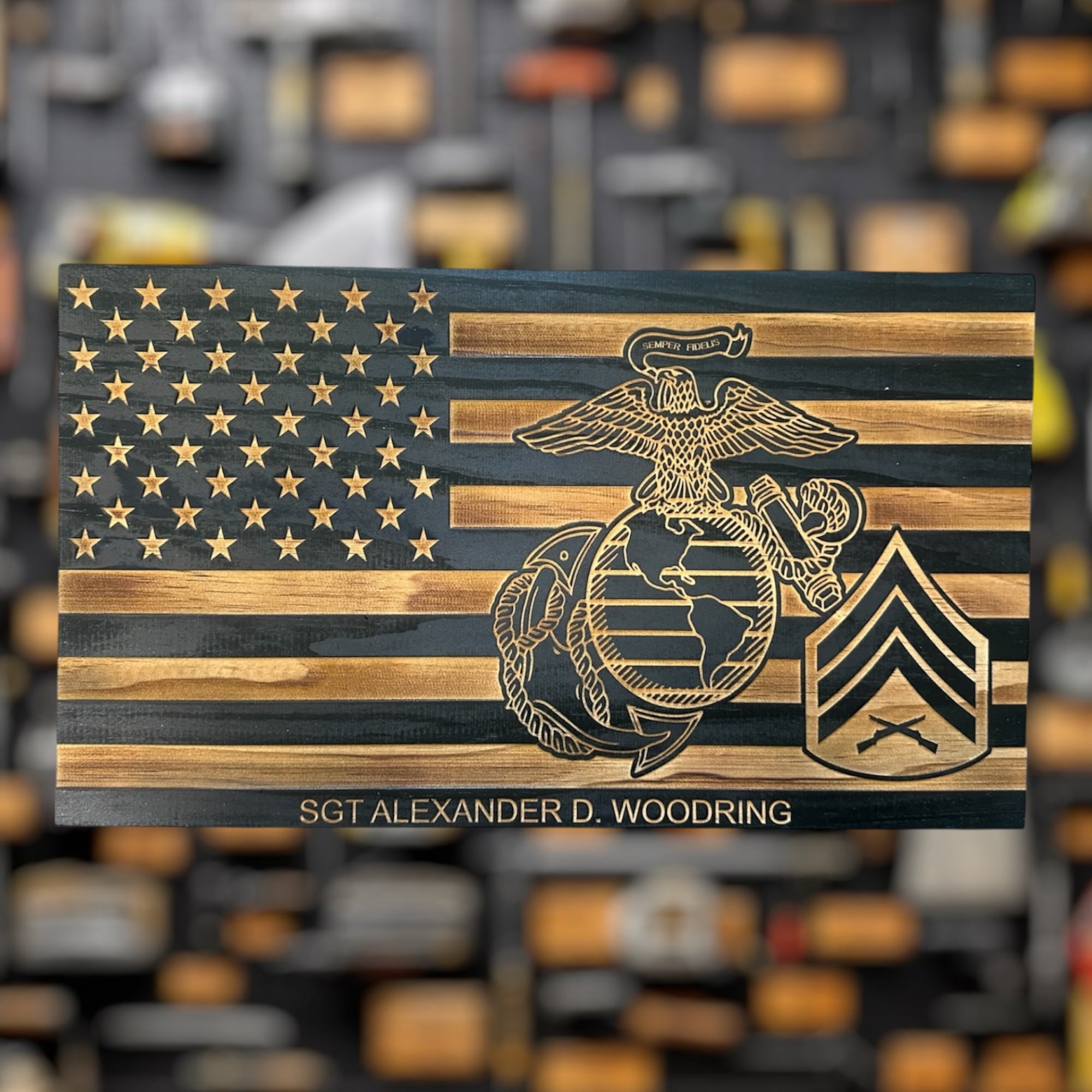 Custom USMC Wooden Flag Military Award Plaque Retirement Gift