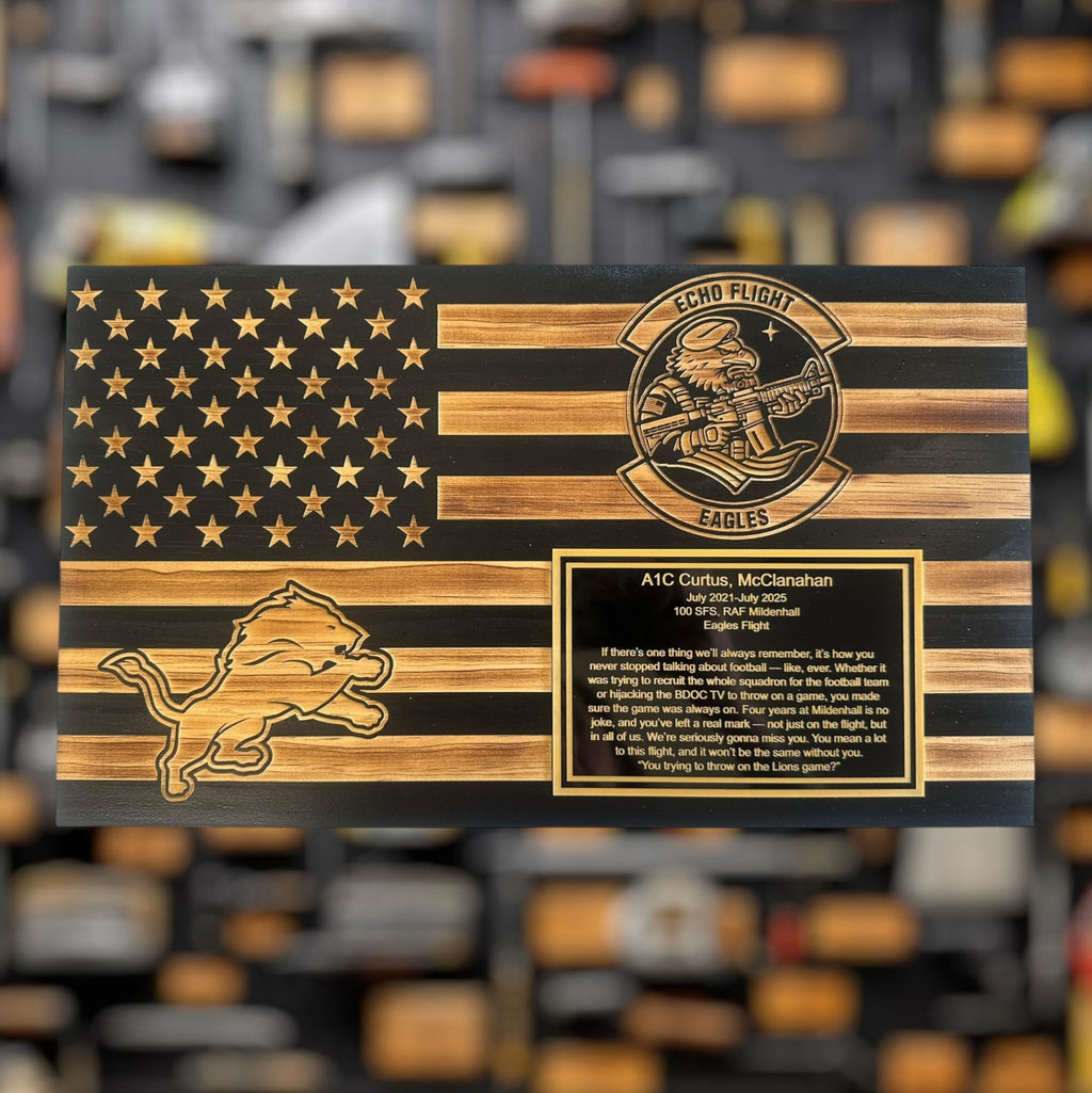 Small Wooden American Flag Plaque for Custom Military Awards and Retirement Gifts