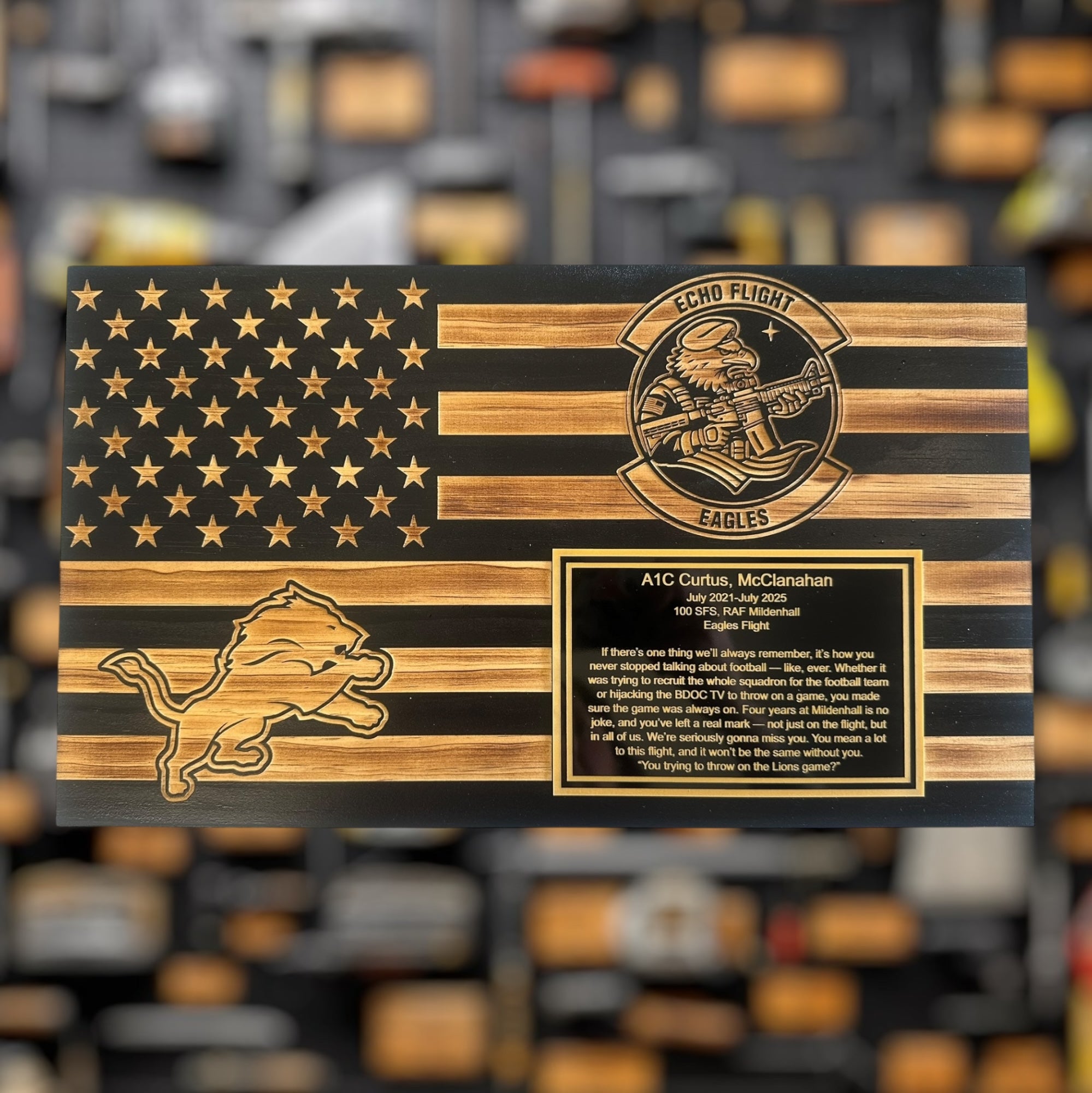 Small Wooden American Flag Plaque for Custom Military Awards and Retirement Gifts