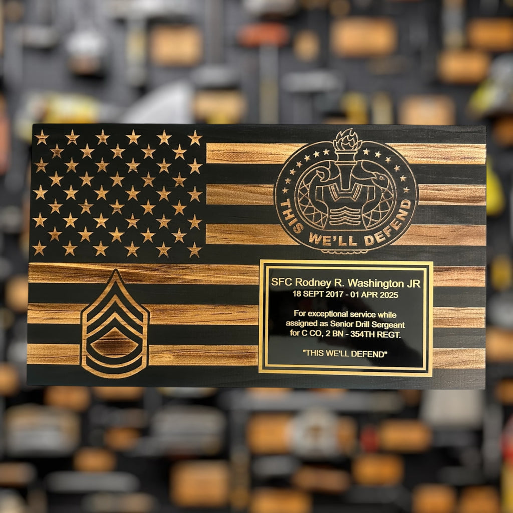 Small Wooden American Flag Plaque for Custom Military Awards and Retirement Gifts