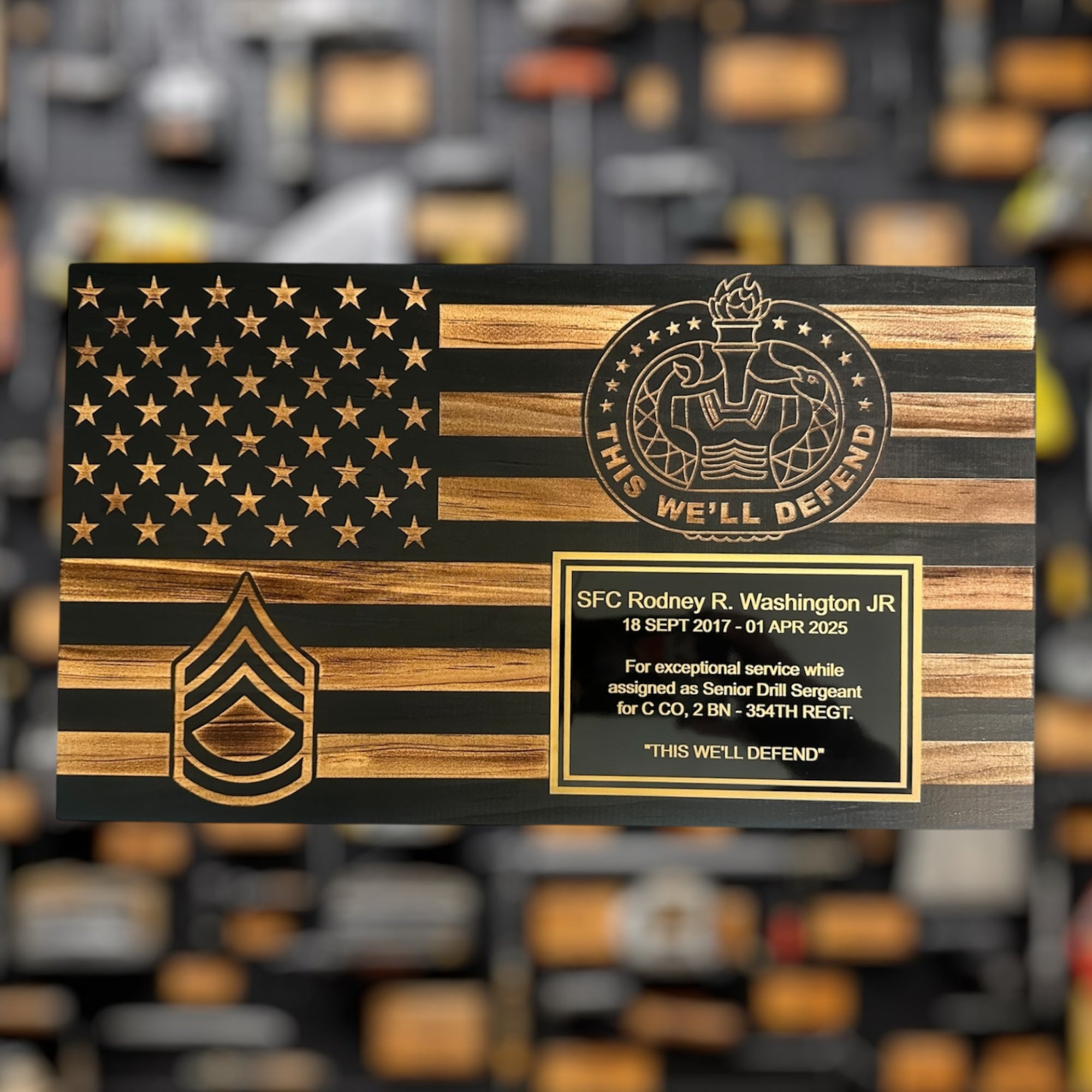 Small Wooden American Flag Plaque for Custom Military Awards and Retirement Gifts