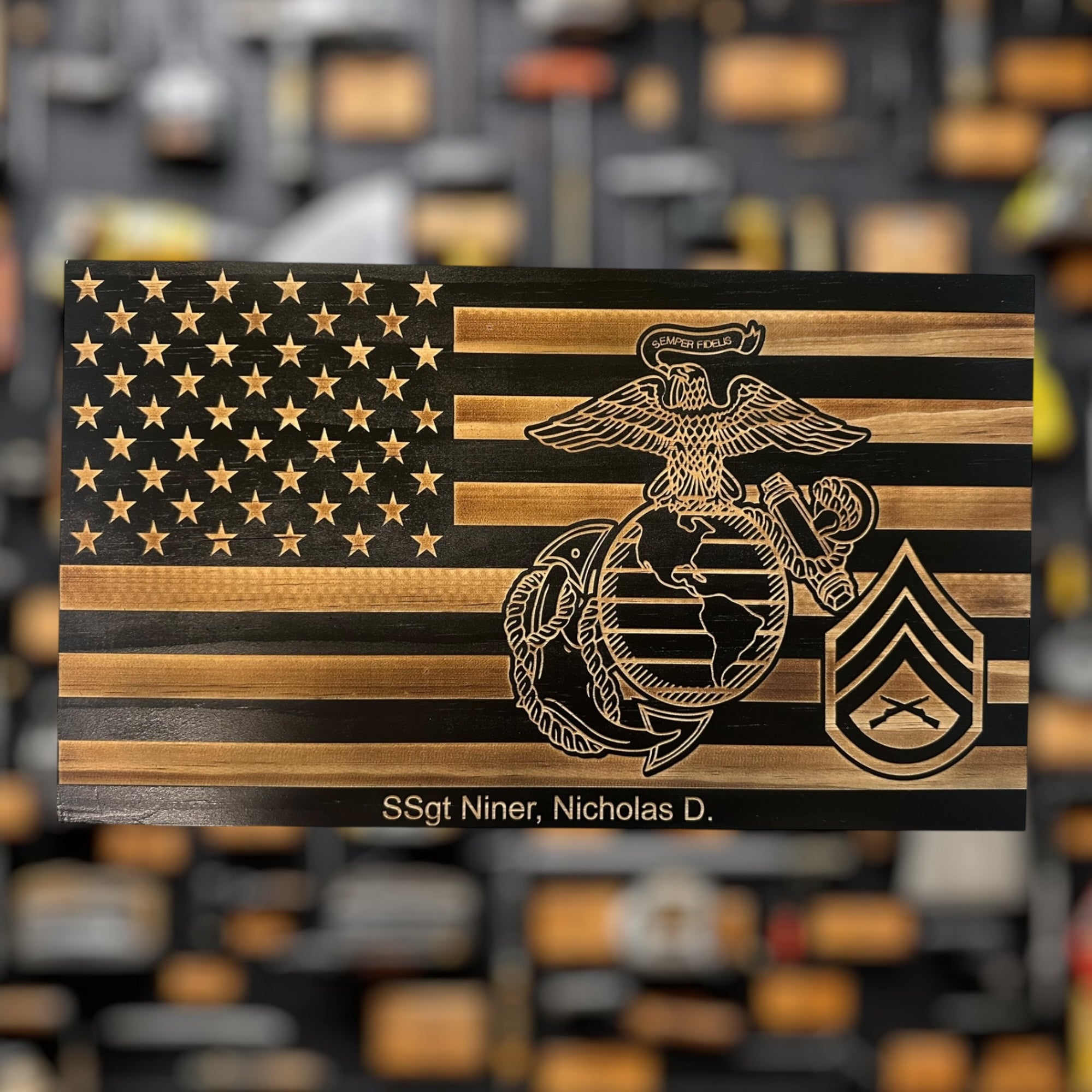Custom USMC Wooden Flag Military Award Plaque Retirement Gift