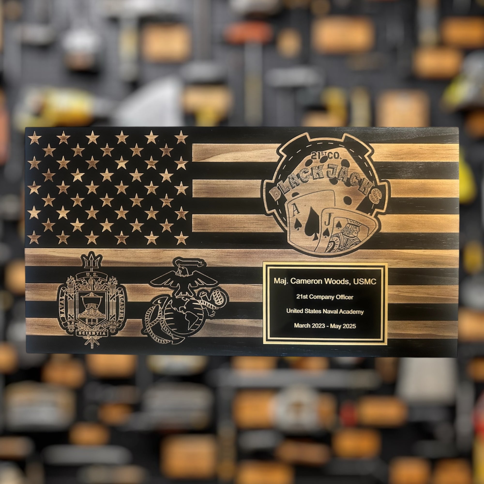 Large Wooden American Flag Plaque for Custom Military Awards and Retirement Gifts