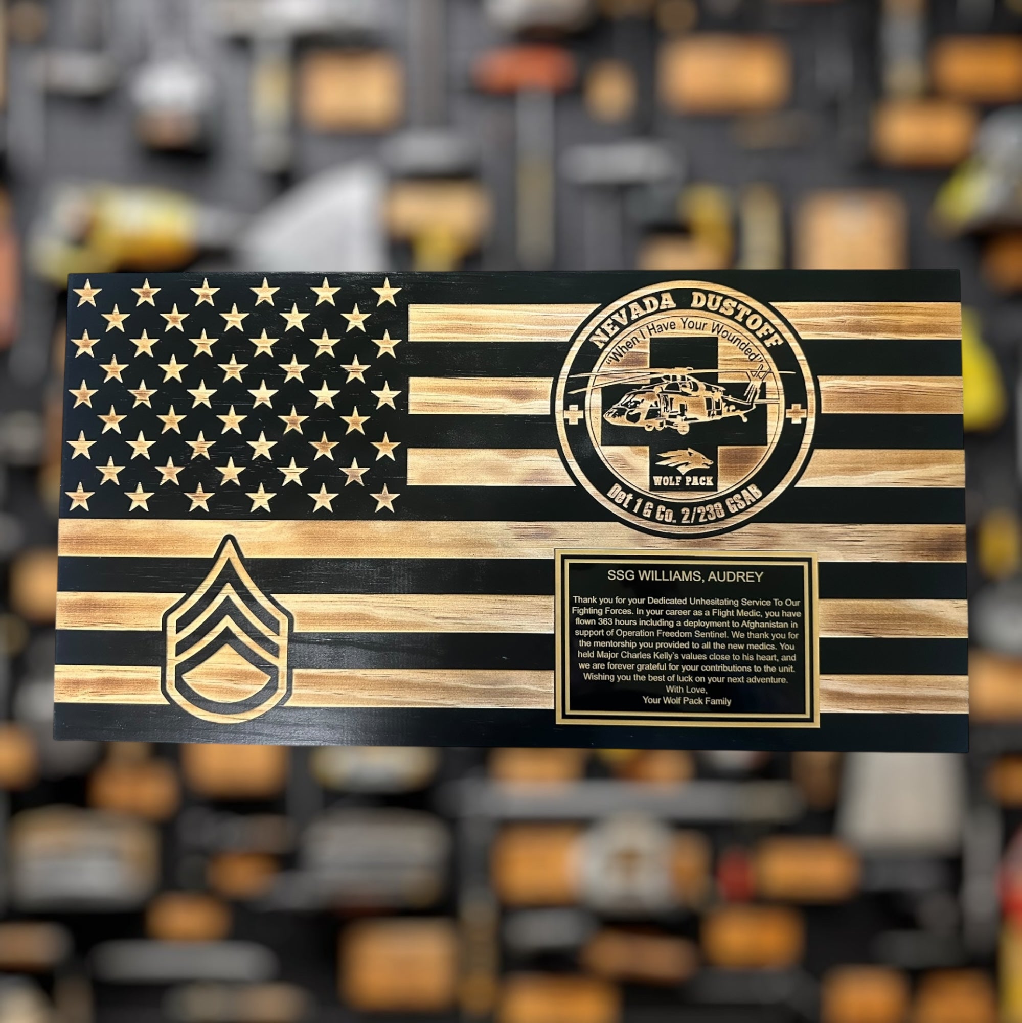 Large Wooden American Flag Plaque for Custom Military Awards and Retirement Gifts