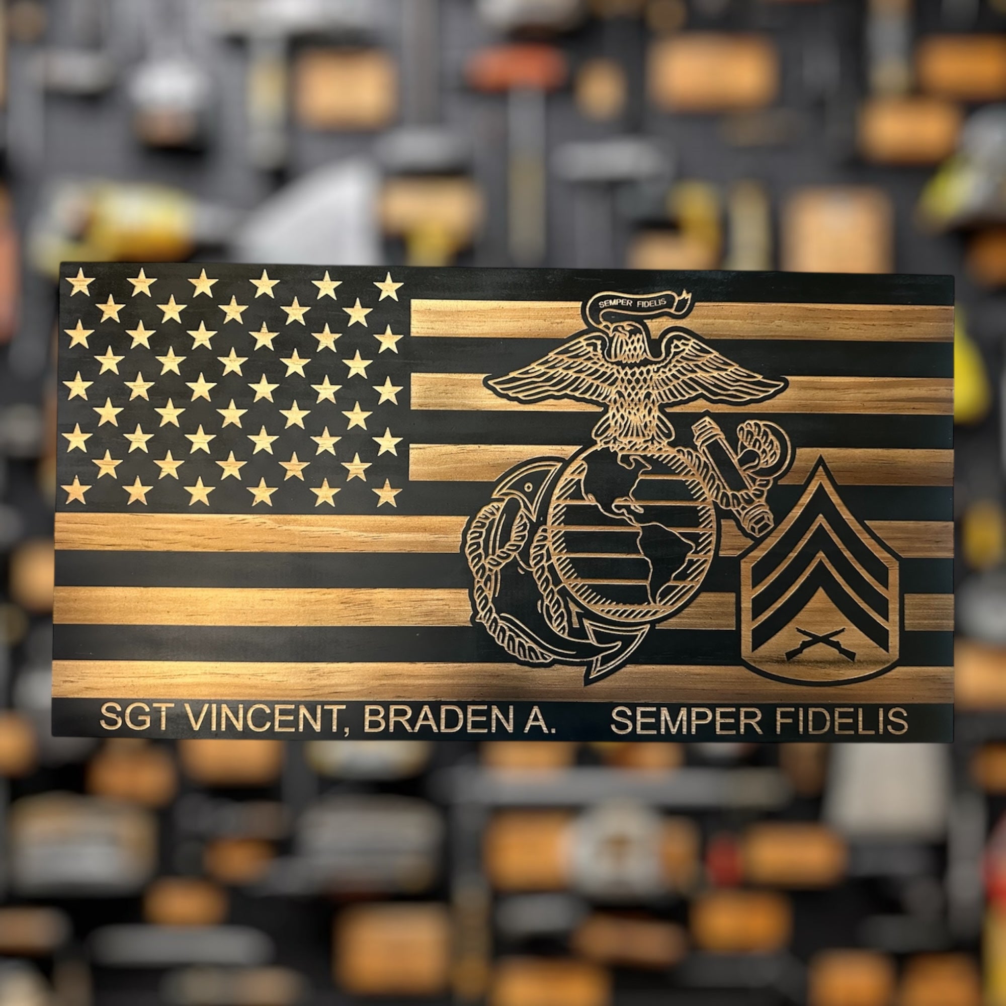 Custom USMC Wooden Flag Military Award Plaque Retirement Gift
