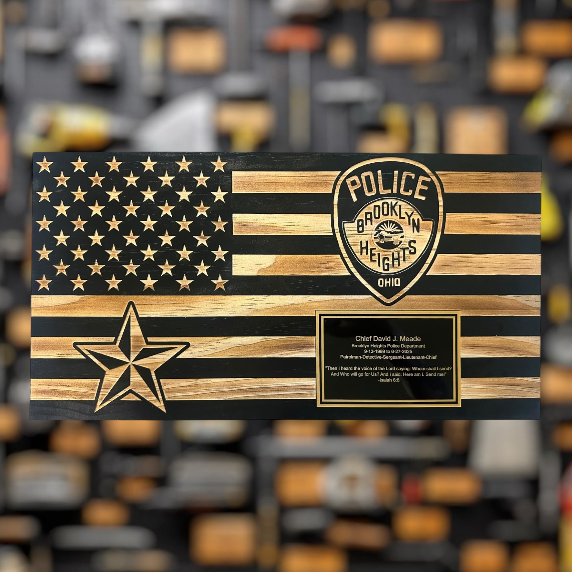 Large Wooden American Flag Plaque for Custom Military Awards and Retirement Gifts