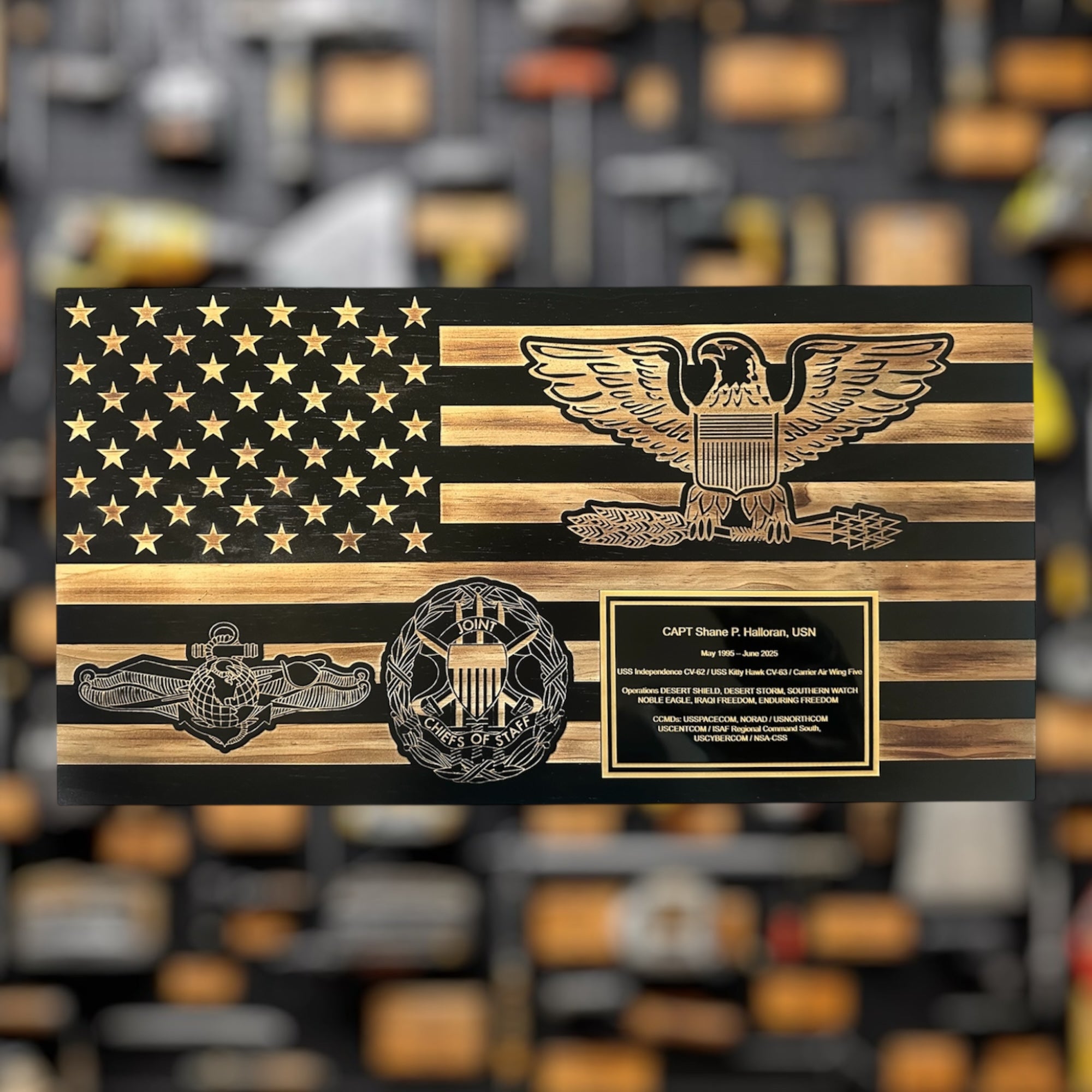 Large Wooden American Flag Plaque for Custom Military Awards and Retirement Gifts