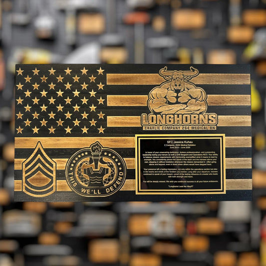 Wooden plaque military gift with American flag design and 'Longhorns' branding on a blurred background