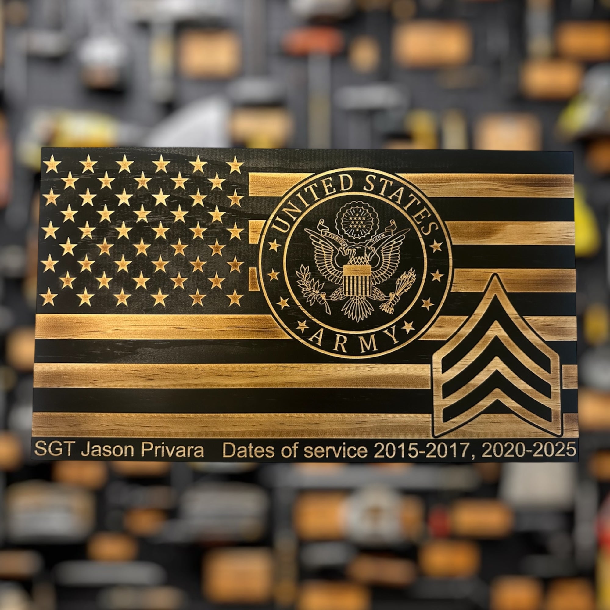 Wooden plaque military gift with U.S. Army emblem and American flag design, featuring service details.