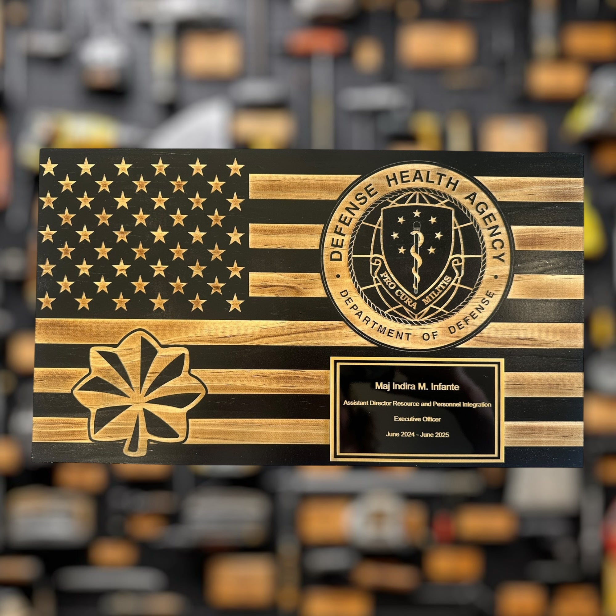 Small Wooden American Flag Plaque for Custom Military Awards and Retirement Gifts
