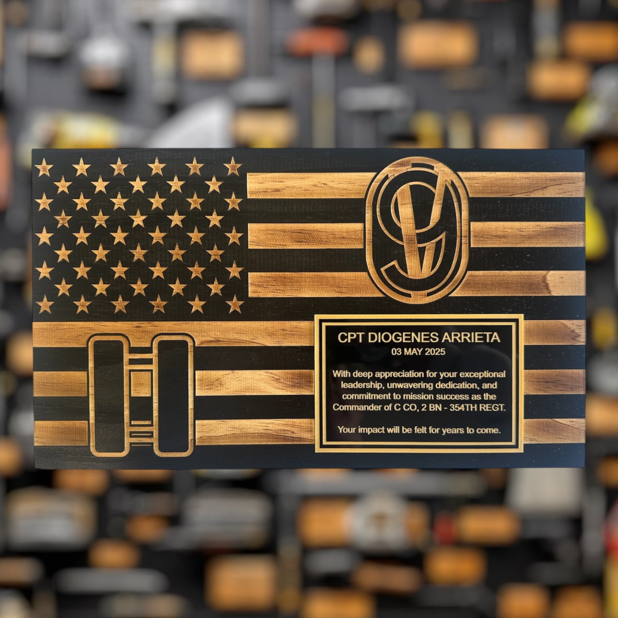 Small Wooden American Flag Plaque for Custom Military Awards and Retirement Gifts