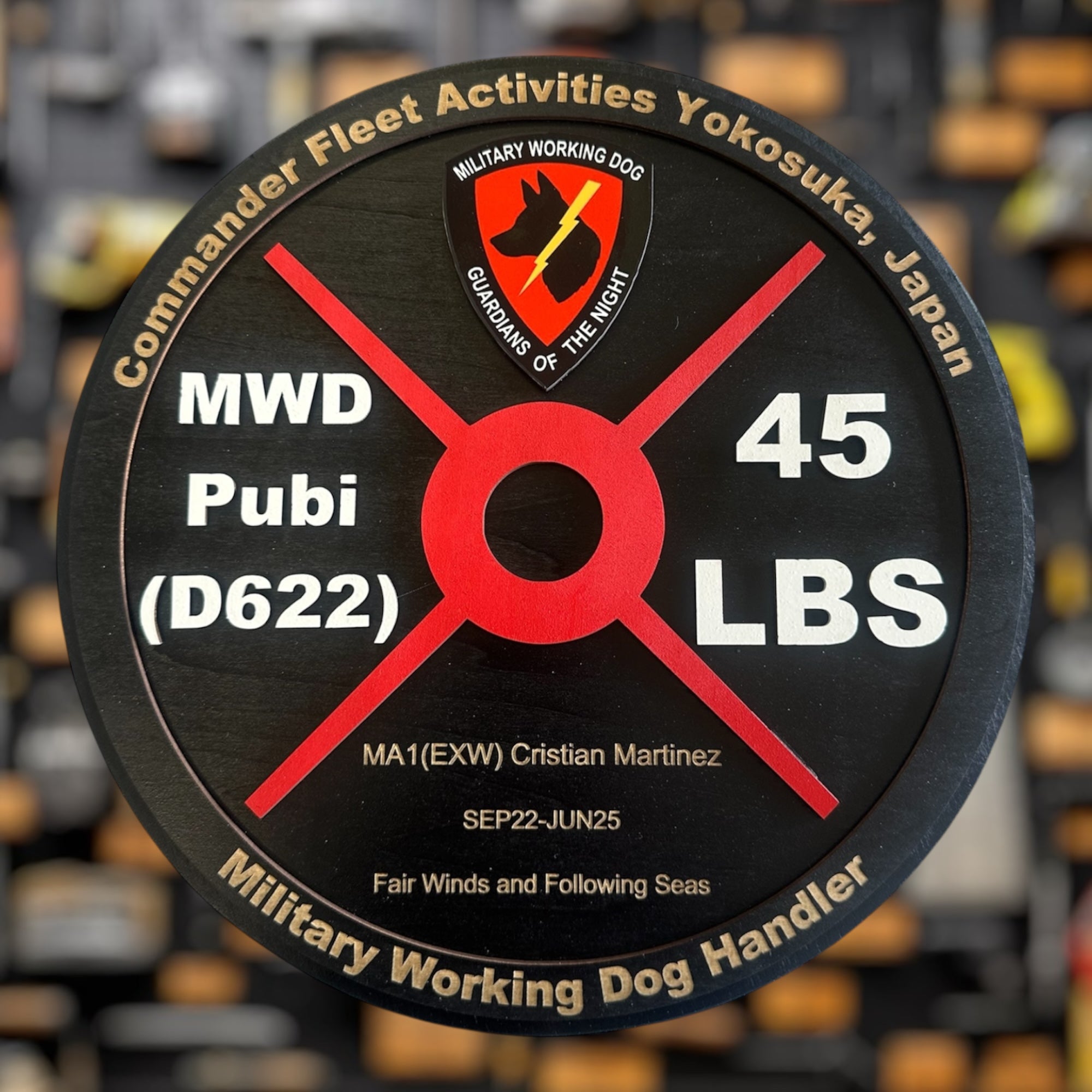 Weight plate with military markings and text on a blurred background