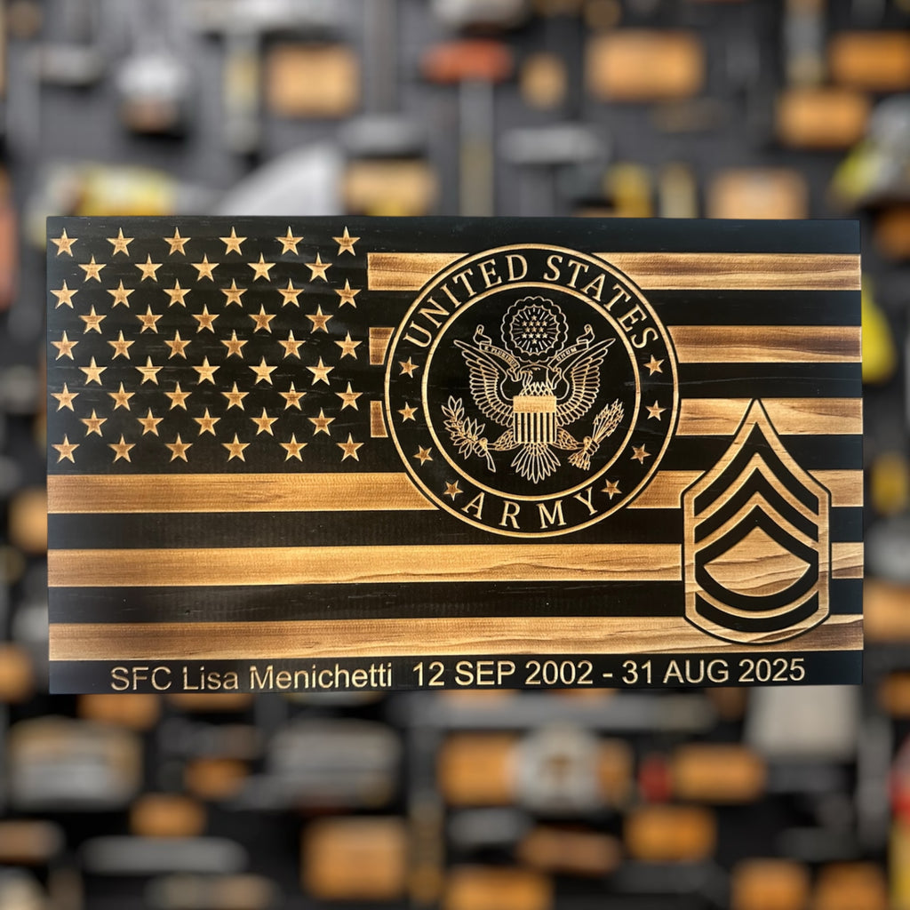 Wooden plaque military gift with U.S. Army emblem SFC rank and details on a blurred background