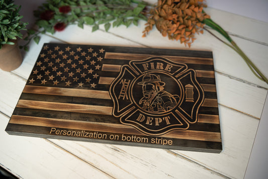 Personalized Firefighter Wood Flag, Patriotic Engraved Wall Art Gift