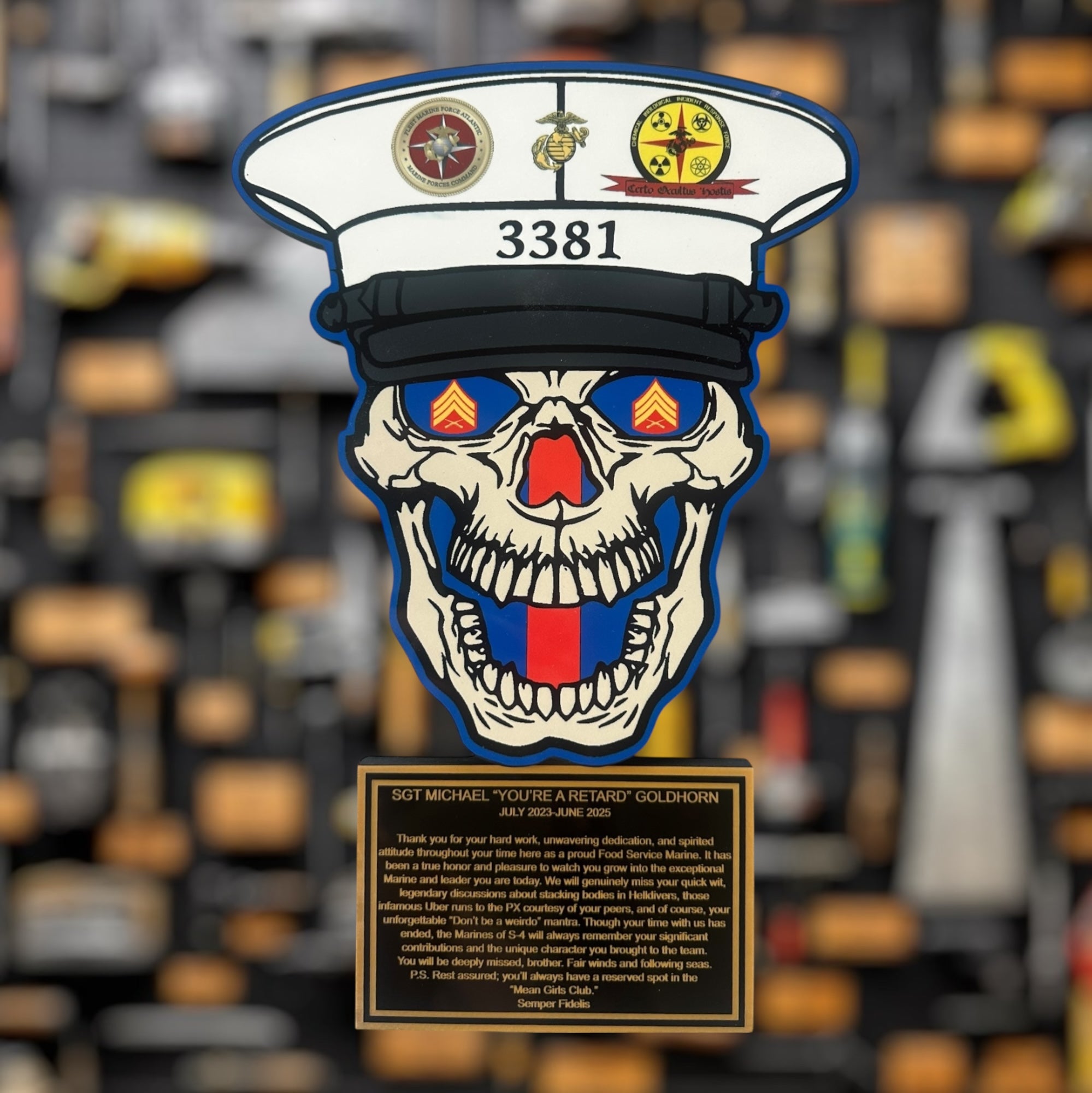 custom usmc skull plaque for promotion, usmc dress blues skull plaque